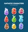 Fantastic Characters Stickers Set, Cute Funny Fantasy Colorful Creatures Vector Illustration