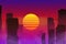 Fantastic city with skyscrapers silhouettes on sunset background