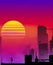 Fantastic city with skyscrapers silhouettes on sunset background