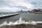 Fantastic cityscape panoramic skyline view of Chicago from Fullerton Avenue during a windy day with water crashing up against