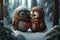 Fantastic creatures, Anthropomorphic animals and Adorable beings celebrating love, tenderness and affection in a magical snowy