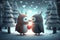Fantastic creatures and Anthropomorphic animals celebrating love,tenderness and affection in a magical snowy forest