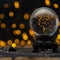 Fantastic crystal magic ball with lights inside to predict the fate on soft lights background. Black surface. Mysterious