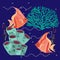 Fantastic cute fish in the sea, seaweed and corals nearby, vector illustration