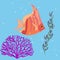 Fantastic cute fish in the sea, seaweed and corals nearby, vector illustration