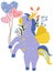 Fantastic cute Unicorn with colorful the tail keep the balloon, flowers and leaves. Poster with magical horse can be