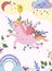 Fantastic cute Unicorn with colorful the tail, rainbow, balloon, cloud, flowers and leaves. Poster with magical horse