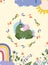 Fantastic cute Unicorn with colorful the tail and wreath around, rainbow, cloud, flowers and leaves. Poster with magical