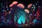 Fantastic fairy forest at night with fantasy multicolored glowing flowers and lights in the style of fantasy, glowing light