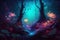 Fantastic fairy forest at night with fantasy multicolored glowing flowers and lights in the style of fantasy, light up the forest