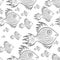 Fantastic fish - abstract aquatic animal. Black and white linear vector repeating pattern on a white background.