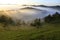 Fantastic foggy mountain with fresh green grass