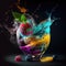 Fantastic food photography of colorful cocktail with splashes and explosion of taste advertisement background concept