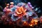 Fantastic glowing flowers on black background, abstract floral wallpaper, magical blooming garden, AI Generated