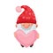 Fantastic Gnome Character with White Beard and Red Pointed Hat Holding Heart Vector Illustration