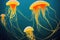 Fantastic golden yellow jellyfish in sea water. Illuminated aquatic undersea creature with majestic flow swimming in