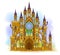 Fantastic Gothic castle from fairyland. Illustration of medieval cathedral with beautiful stained glass rose and windows.