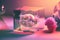 fantastic image of a glass ball with flowers in a glass cube on pink background  with a Generative AI  save environment  concept