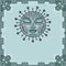 Fantastic image of the iron sun. Metal amulet. A background - a frame from iron elements.