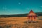 Fantastic landscape lonely wooden house in the mountains/hills with forest in background meadow hill with yellow house color gradi