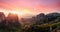 Fantastic Landscape with monasteries and rock formations in Meteora during sunset, Greece. Mysterious Sunny Morning with colorful