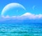 Fantastic landscape with mountain and planets in blue sky. Beautiful scenic with lake, three planets in sky and snow-covered