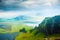 Fantastic landscape with mountains and green lava fields in Iceland