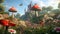 fantastic landscape with mushrooms. beautiful old castle. generative ai