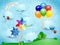 Fantastic landscape with pinwheels and hanging balloons