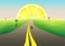 Fantastic landscape road to the horizon, citrus sunrize in the starry sky, horizontal vector