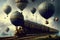 Fantastic locomotive and train, hot air balloons, by the seaside on cloudy day. AI generated