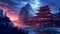 Fantastic Medieval Crimson Chinese Temple Landscape Wallpaper in Mountainous Setting. Generative AI