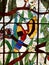 A fantastic Mexican stained glass window features a colorful parrot