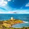 Fantastic morning view of Piscinni bay with turquoise sea and famous coastal tower of Piscinni