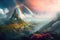 Fantastic mountain landscape with clouds and a rainbow. Generative AI