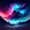 Fantastic mountain landscape with colorful clouds in the sky. Vector illustration Generative AI