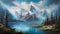 Fantastic mountain landscape with lake and high peaks. Digital painting
