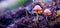 Fantastic mushrooms in purple surreal light. Magic mushrooms in neon light. AI generated