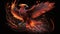 fantastic mystical fire bird phoenix flying neon orange light on dark background generative AI