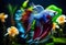 fantastic neon fish with flower tail and fins. Colorful floral fighting betta fish isolated on black