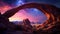 Fantastic night landscape with bright arched milky way, purple sky with stars, pink light and hills