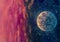 Fantastic oil painting beautiful big planet moon among stars in universe. Fantasy concept cosmos fine art painting