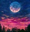 Fantastic oil painting big planet moon over the night city