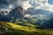 Fantastic panoramic view of Dolomites mountains. Dramatic overcast sky. Italy, Europe. Beauty world, Panoramic view of the