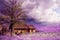 Fantastic picture of a small house among a magical lavender field in flowers. Idealistic surrealistic picture.