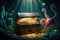 Fantastic picture of the treasure chest in majestic places of the sea bottom with an octopus. Finances and money concept.