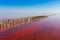 A fantastic pink salt lake with salt crystals on wooden pillars stretching away to the horizon. Shooting from a drone.