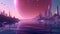 fantastic rocky alien planet cityscape with lake and large celestial body in pink sky, neural network generated image