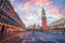 Fantastic sanset on San Marco square with Campanile and Saint Mark`s Basilica. Colorful evening cityscape of Venice, Italy, Europ