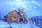 Fantastic scene with snowy house in evening forest.